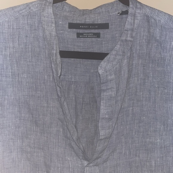Perry Ellis Blue Linen open neck Shirt size large - Picture 3 of 9